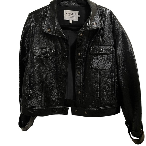 Frame Atelier Lamb Leather Snap Front Trucker Jacket Noir Black Size L - Picture 2 of 8